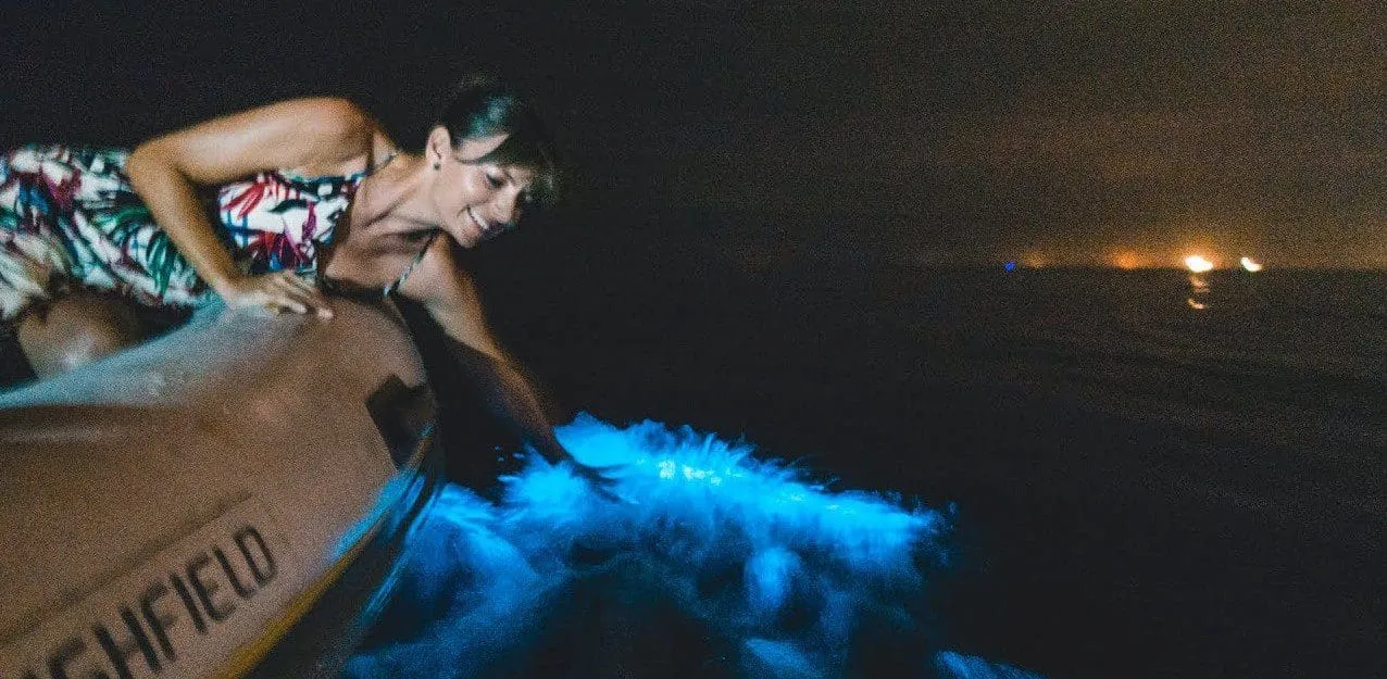 Tourist touching bioluminescent water from boat