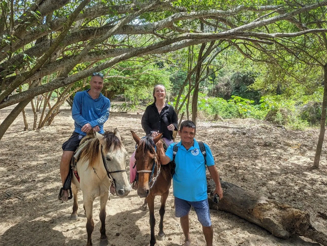 Local guide with guests on horseback under tree canopy